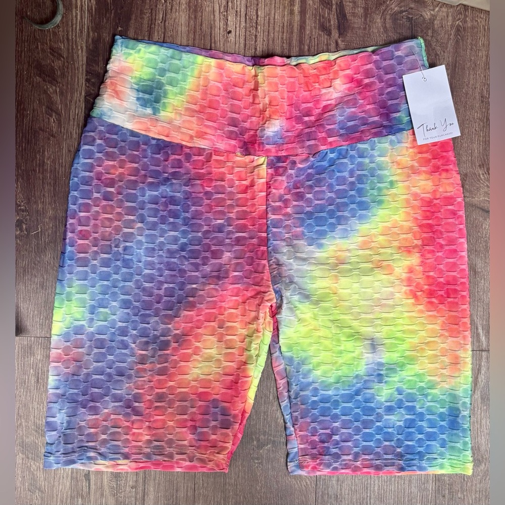 NEW! Zenana Outfitters Neon Tie Dye Textured Honey Butt Workout Shorts 2XL